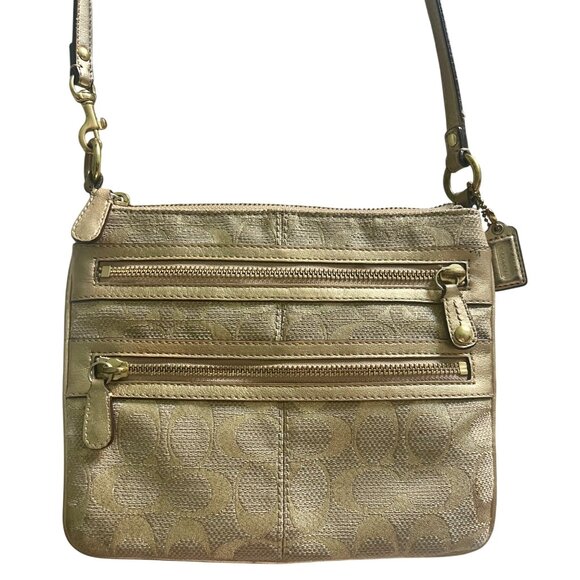Coach Signature Stripe Metallic Crossbody Bag Gold Jacquard Lime Lining - Picture 8 of 16